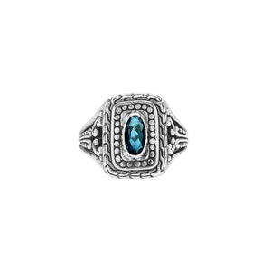 Sterling Silver Rectangular Ring With London Blue Topaz Quartz In Balinese Designer Pattern