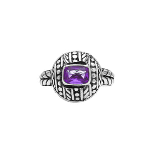 Sterling Silver Round Designer Ring With Amethyst Quartz In Balinese Beaded Pattern