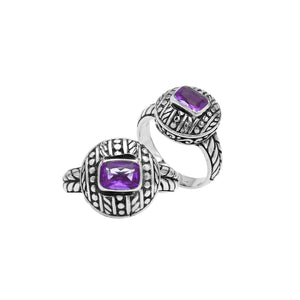 Sterling Silver Round Designer Ring With Amethyst Quartz In Balinese Beaded Pattern