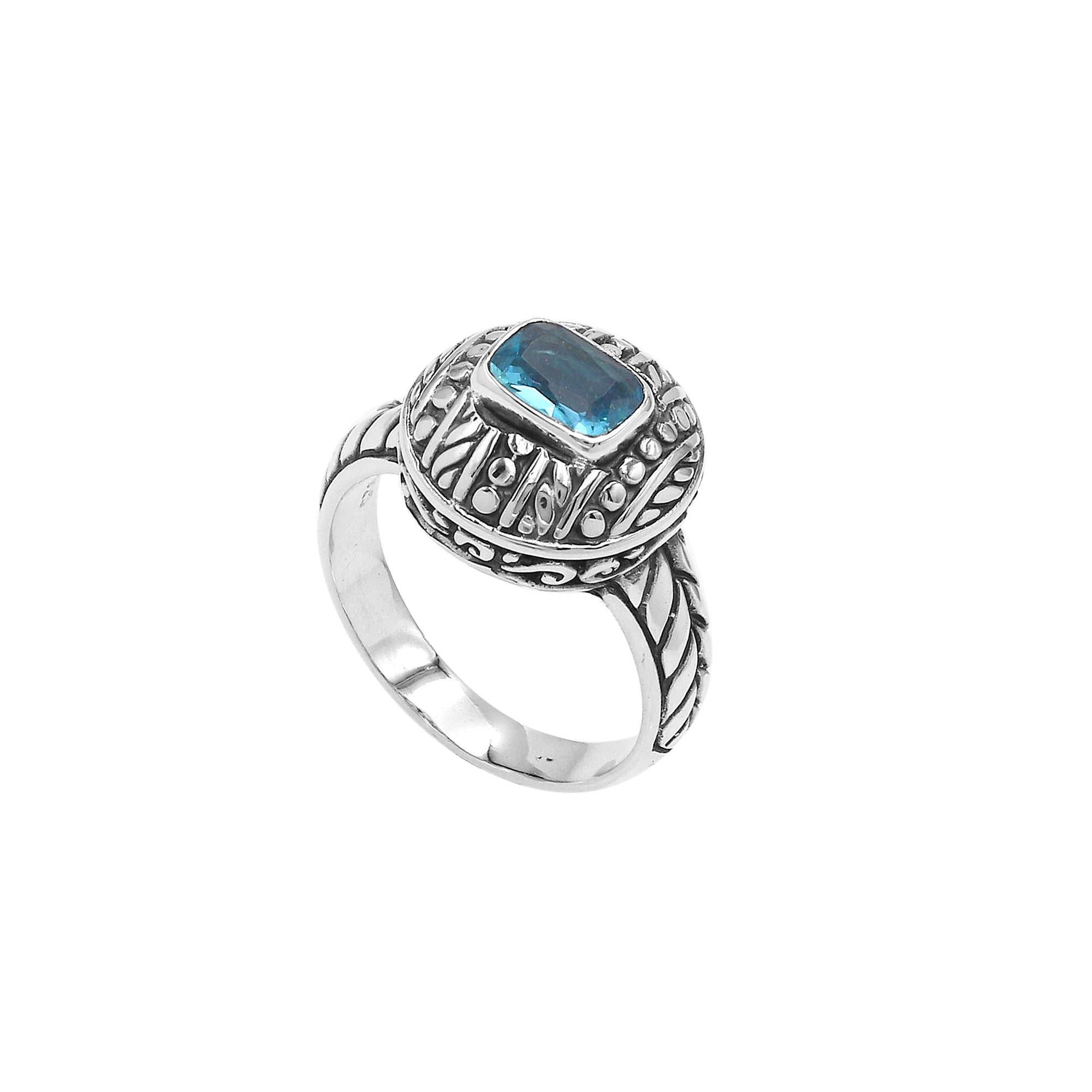 Blue Topaz Quartz Sterling Silver Balinese Engraved Ring For Wholesale Buyers
