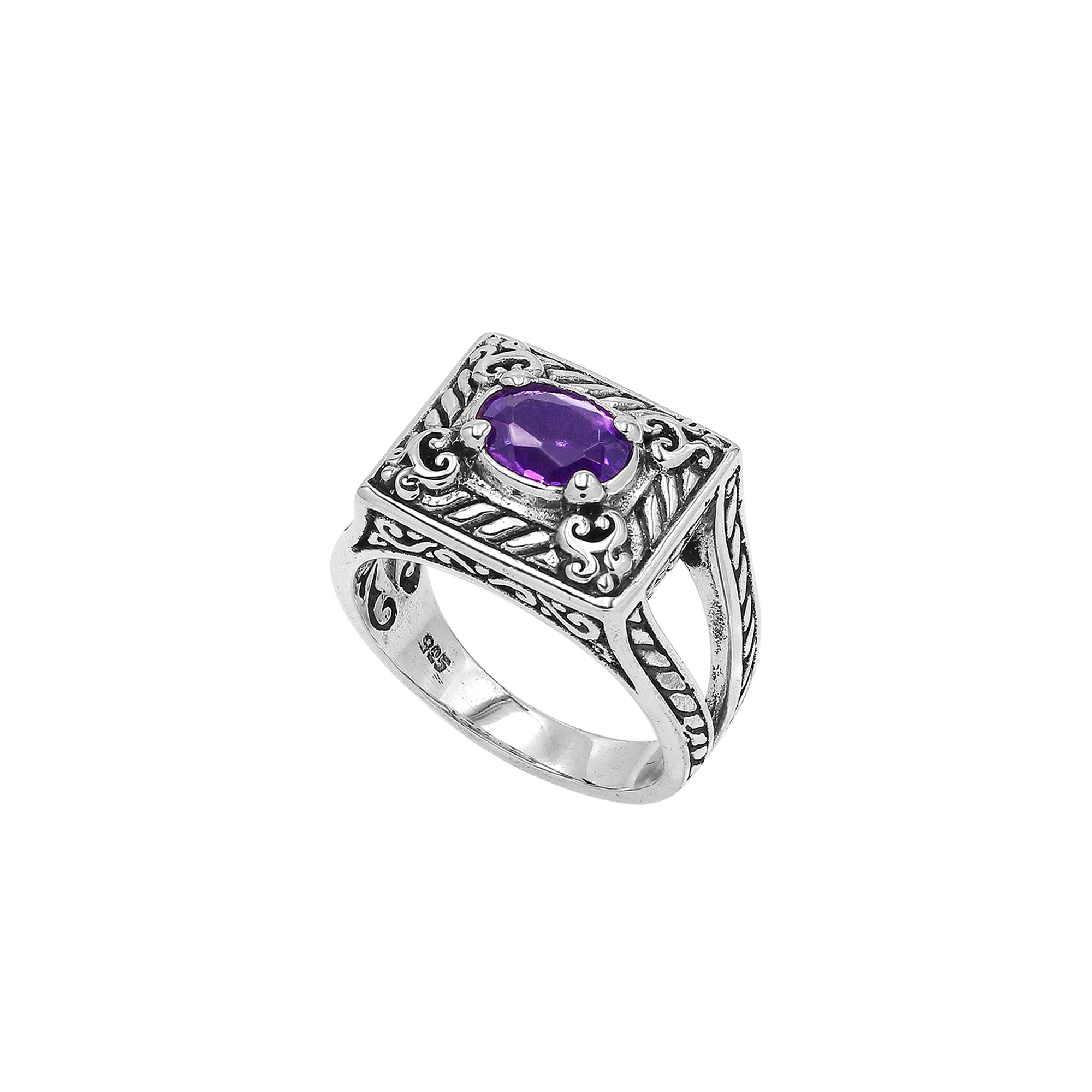 Sterling Silver Balinese Rectangular Ring With Amethyst Quartz For Wholesale
