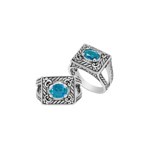 Sterling Silver Balinese Rectangular Ring With Blue Topaz Quartz For Wholesale