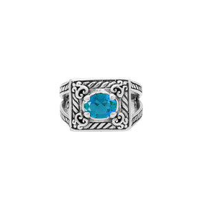 Sterling Silver Balinese Rectangular Ring With Blue Topaz Quartz For Wholesale