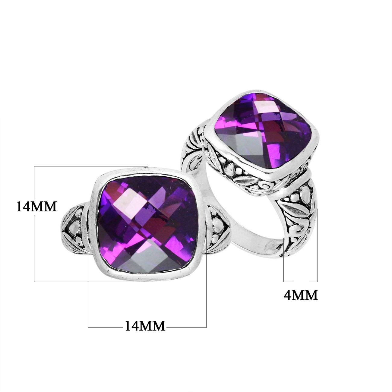 Sterling Silver Balinese Square-Cut Amethyst Quartz Ring With Engraved Band