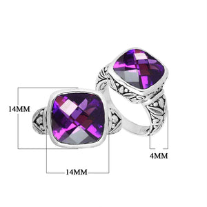 Sterling Silver Balinese Square-Cut Amethyst Quartz Ring With Engraved Band