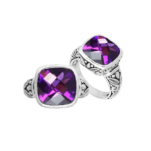 Sterling Silver Balinese Square-Cut Amethyst Quartz Ring With Engraved Band