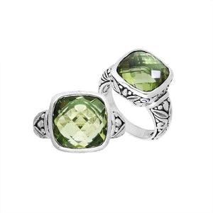 Sterling Silver Balinese Square-Cut Green Amethyst Quartz Ring With Engraved Band