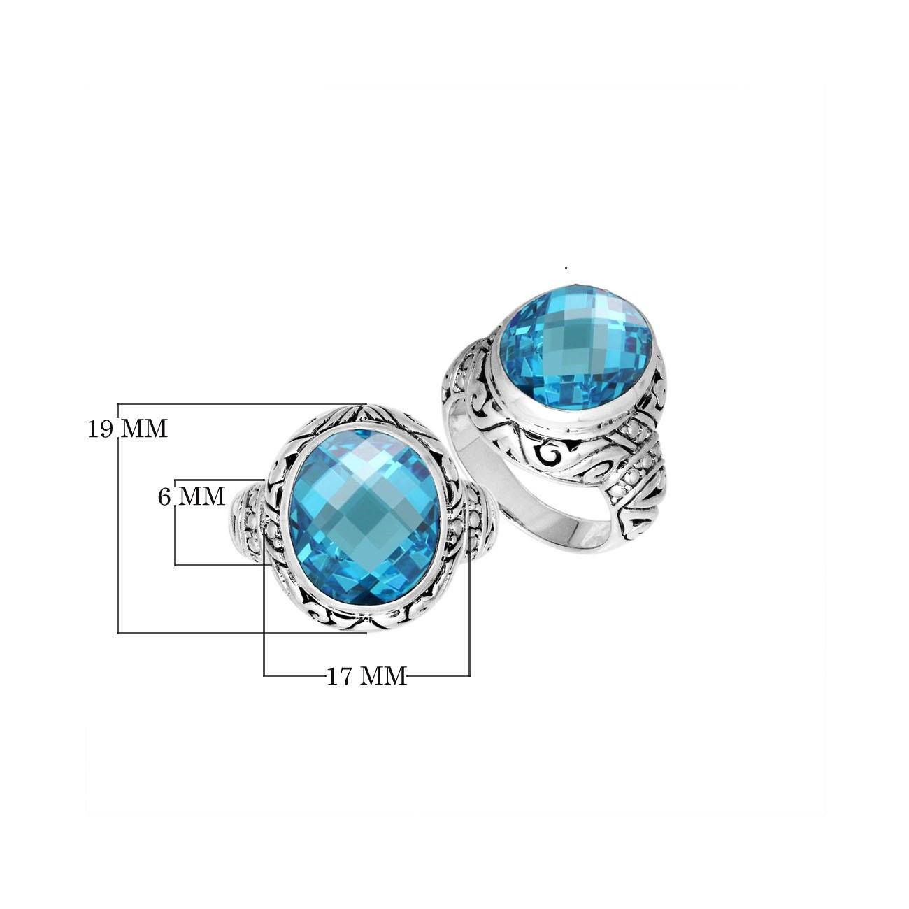 Sterling Silver Blue Topaz Quartz Ring With Balinese Engraved Band