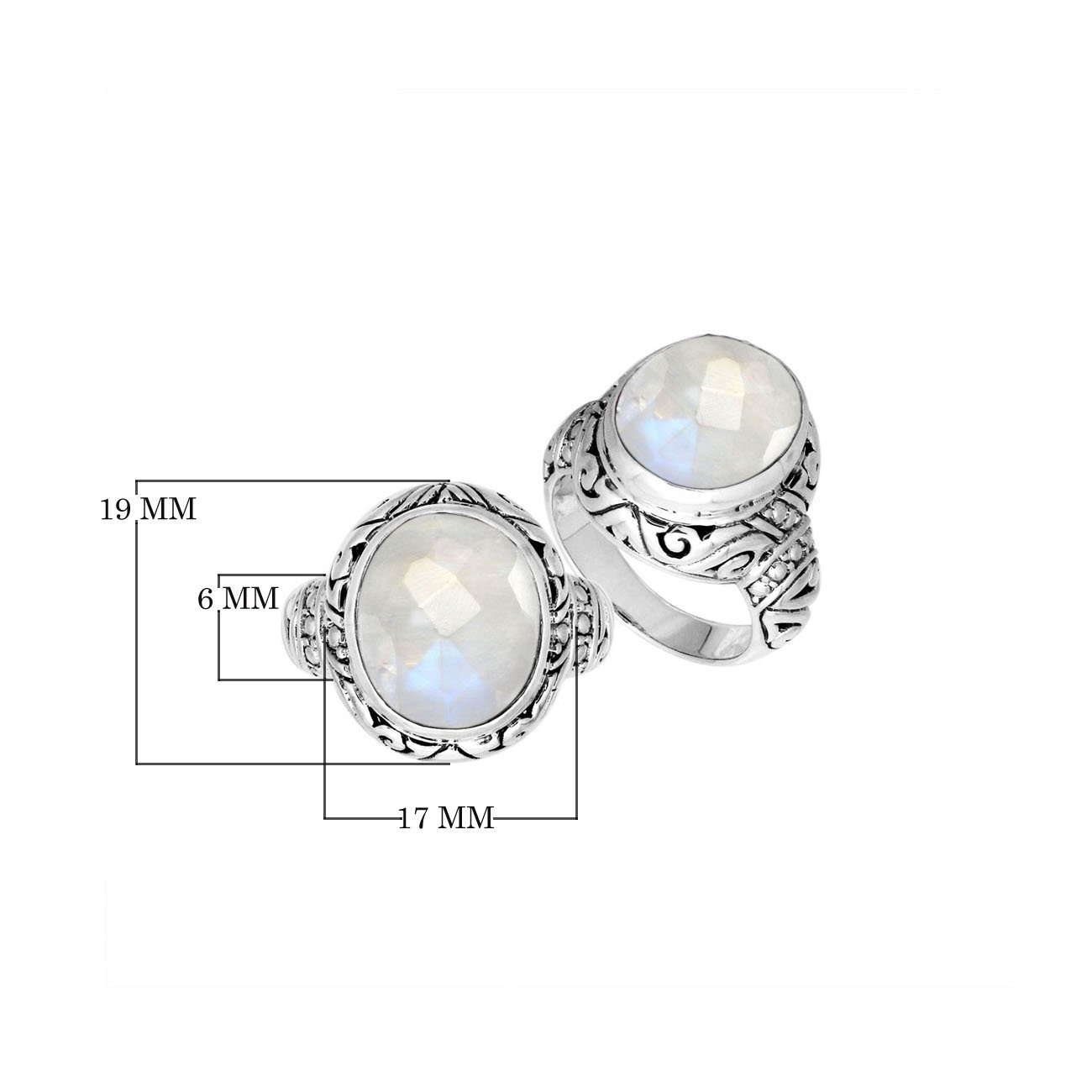 Sterling Silver Rainbow Moonstone Ring With Balinese Engraved Band