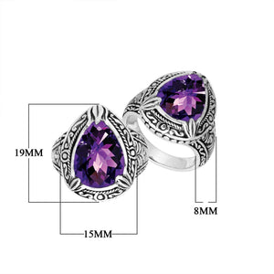 Sterling Silver Amethyst Quartz Ring With Balinese Leaf Engraved Band