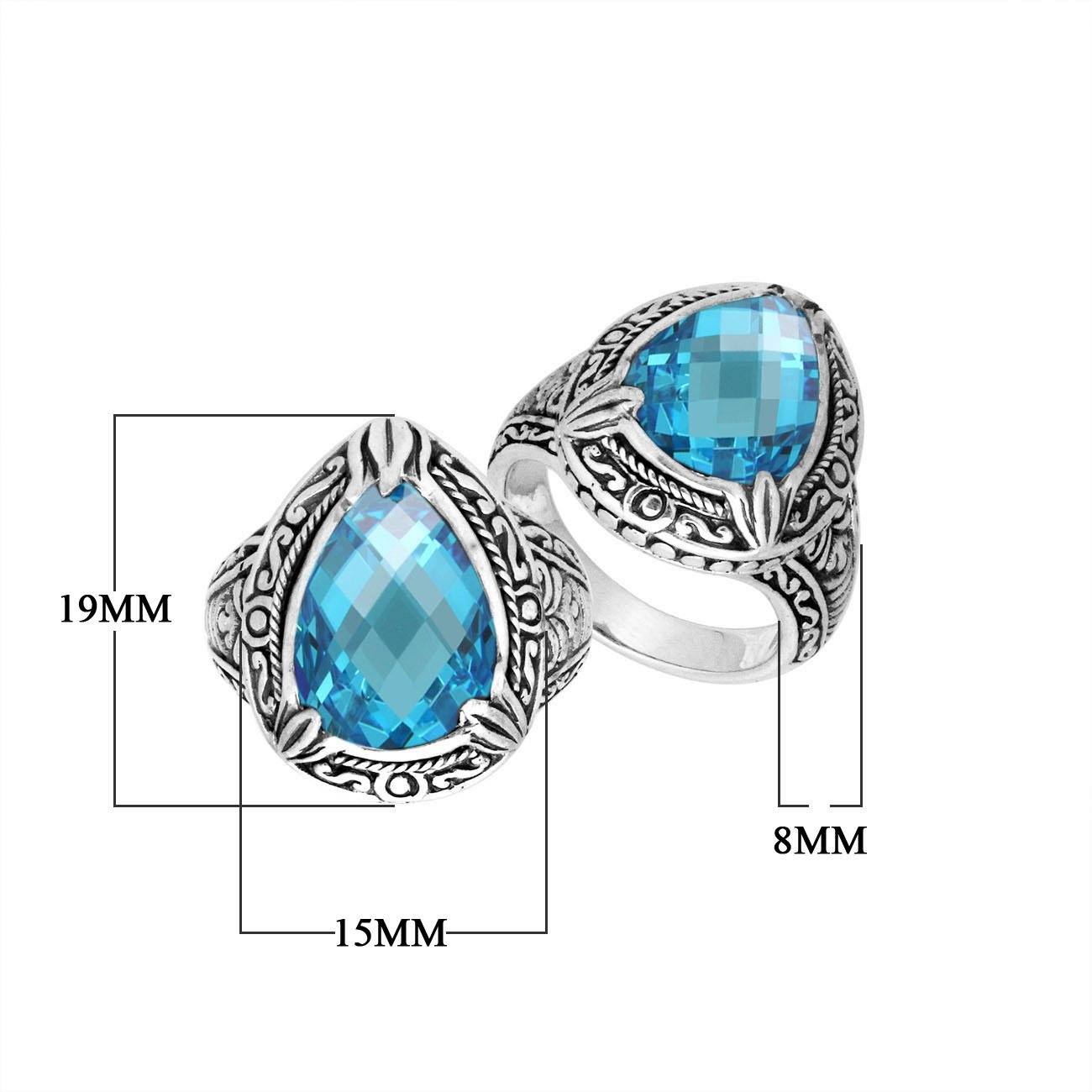 Sterling Silver Blue Topaz Quartz Ring With Balinese Engraved Band