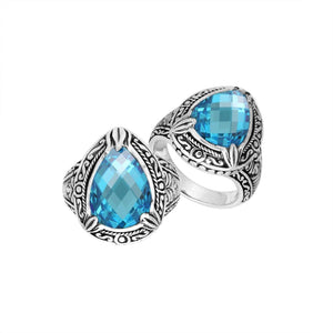 Sterling Silver Blue Topaz Quartz Ring With Balinese Engraved Band