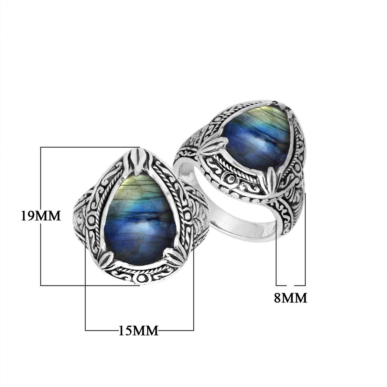 Sterling Silver Labradorite Ring With Balinese Engraved Band