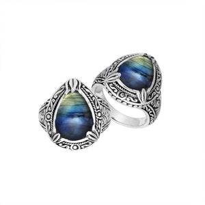 Sterling Silver Labradorite Ring With Balinese Engraved Band
