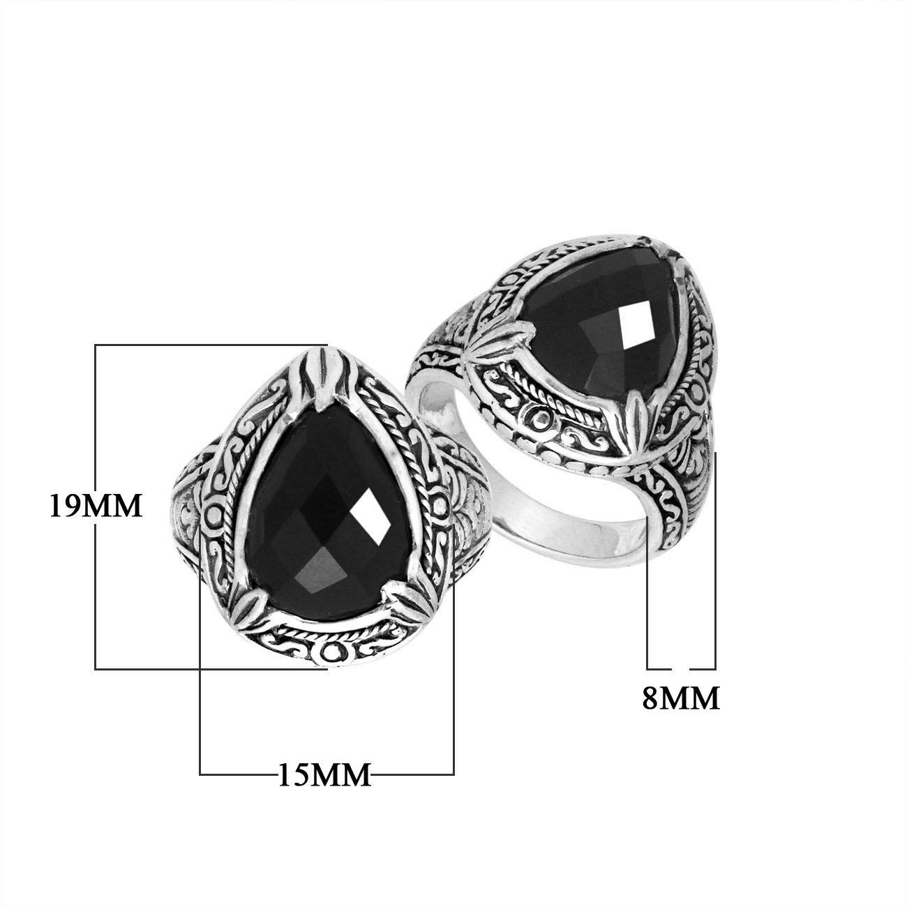 Sterling Silver Black Onyx Quartz Ring With Balinese Engraved Band