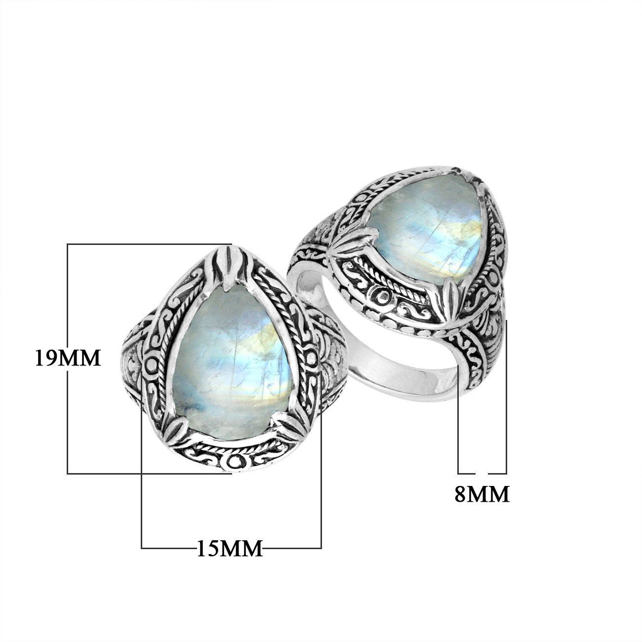 Sterling Silver Rainbow Moonstone Ring With Balinese Engraved Band