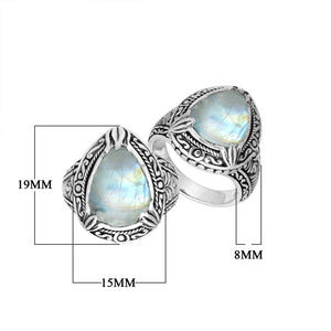 Sterling Silver Rainbow Moonstone Ring With Balinese Engraved Band