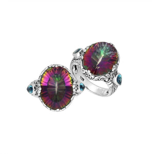 Sterling Silver Mystic Quartz Oval Shape Ring With Balinese Engraved Band