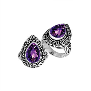 Sterling Silver Amethyst Quartz Pear Shape Ring With Balinese Engraved Band