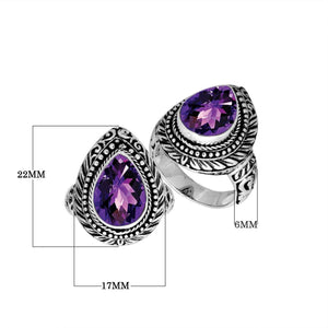 Sterling Silver Amethyst Quartz Pear Shape Ring With Balinese Engraved Band