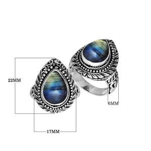 Sterling Silver Labradorite Pear Shape Ring With Balinese Engraved Band