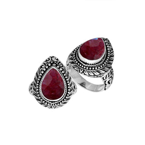 Sterling Silver Pear Shape Ruby Quartz Ring With Traditional Balinese Carving