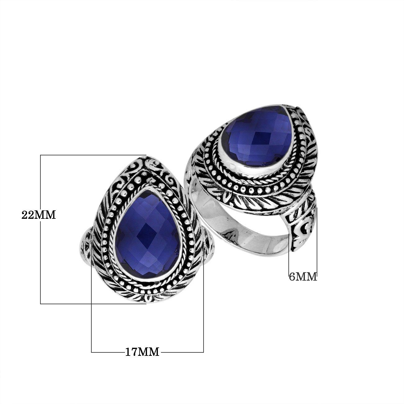Sterling Silver Pear Shape Blue Sapphire Quartz Ring With Traditional Balinese Carving