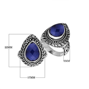 Sterling Silver Pear Shape Blue Sapphire Quartz Ring With Traditional Balinese Carving