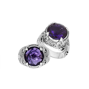 Sterling Silver Round Shape Amethyst Quartz Ring With Detailed Balinese Carving