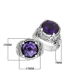 Sterling Silver Round Shape Amethyst Quartz Ring With Detailed Balinese Carving
