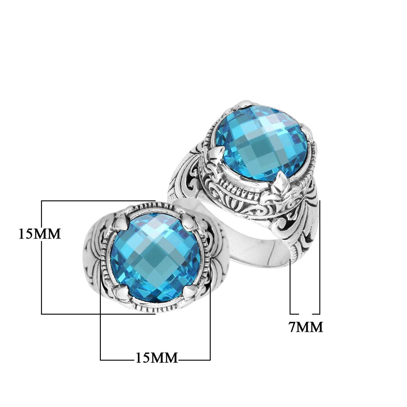 Sterling Silver Round Shape Blue Topaz Quartz Ring With Detailed Balinese Carving