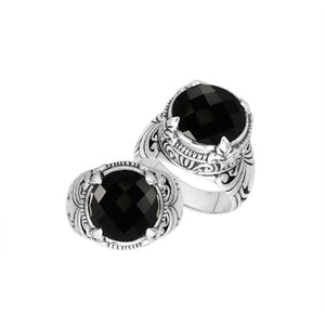 Sterling Silver Round Shape Black Onyx Ring With Detailed Balinese Carving