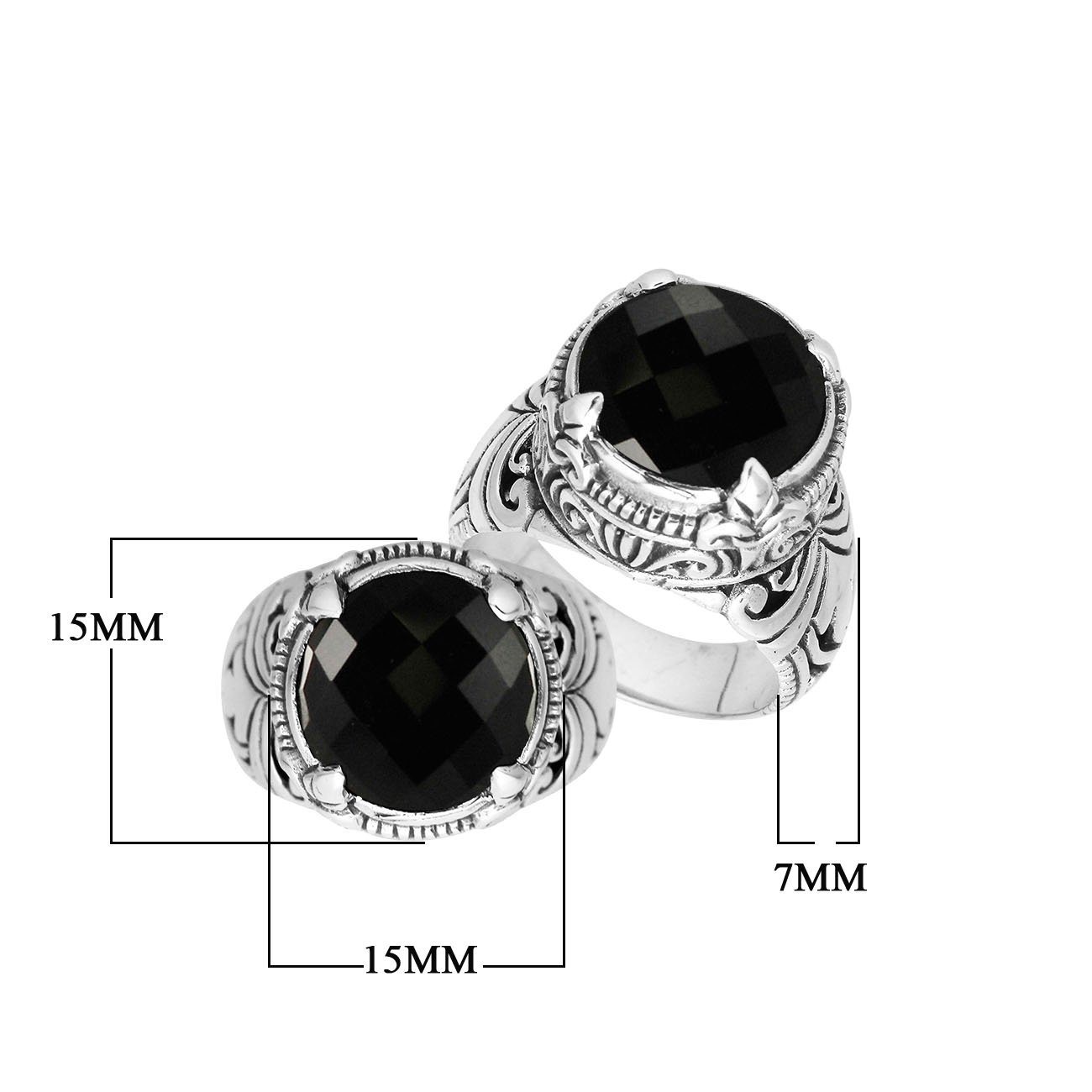 Sterling Silver Round Shape Black Onyx Ring With Detailed Balinese Carving