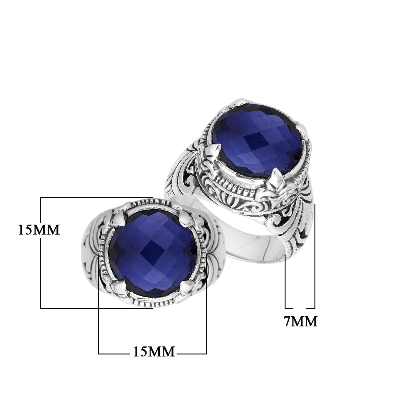 Sterling Silver Round Shape Blue Sapphire Quartz Ring With Detailed Balinese Carving