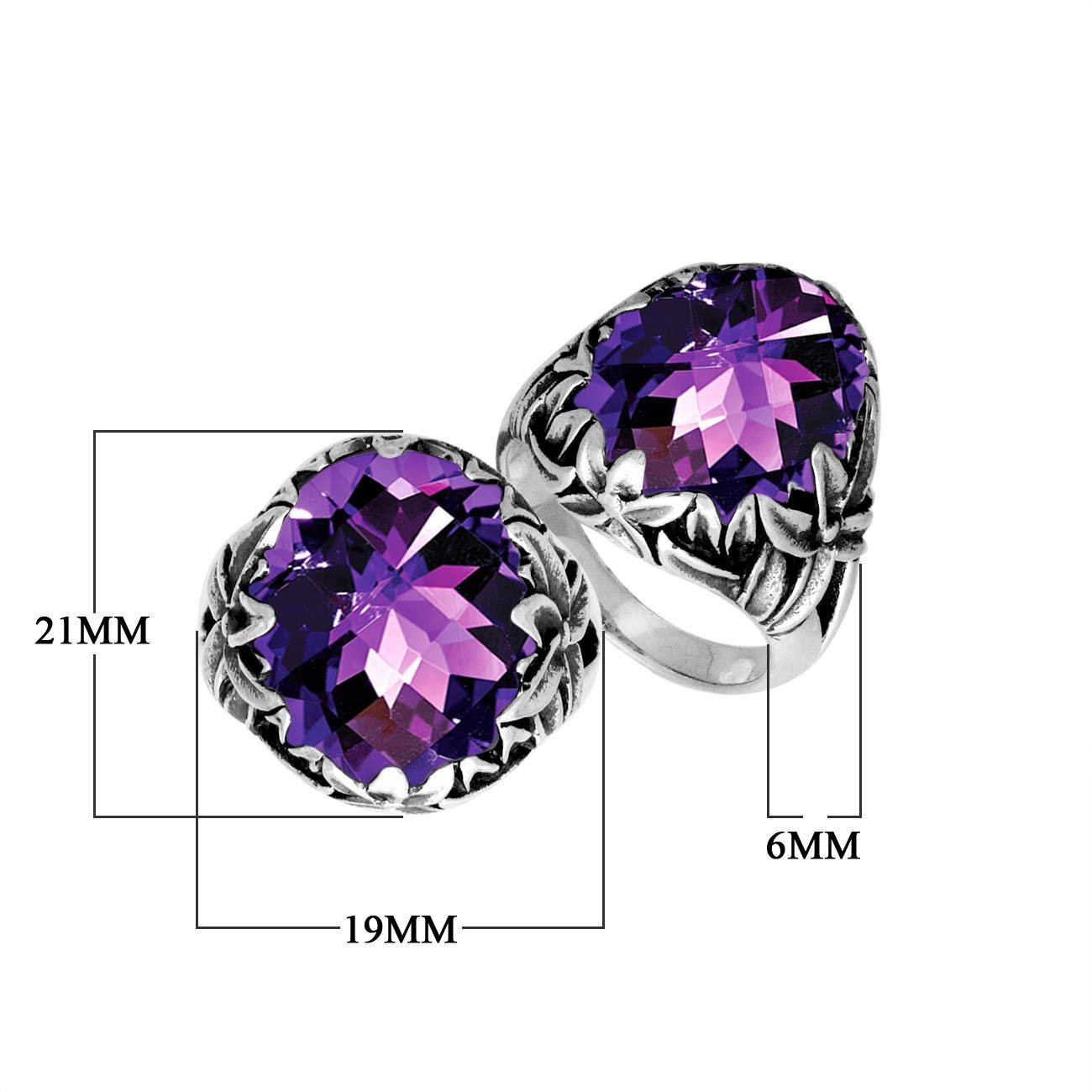 Sterling Silver Round Shape Amethyst Quartz Ring With Leaf Pattern Detailing