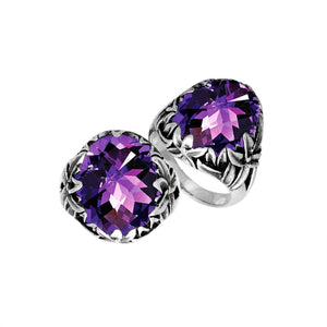 Sterling Silver Round Shape Amethyst Quartz Ring With Leaf Pattern Detailing