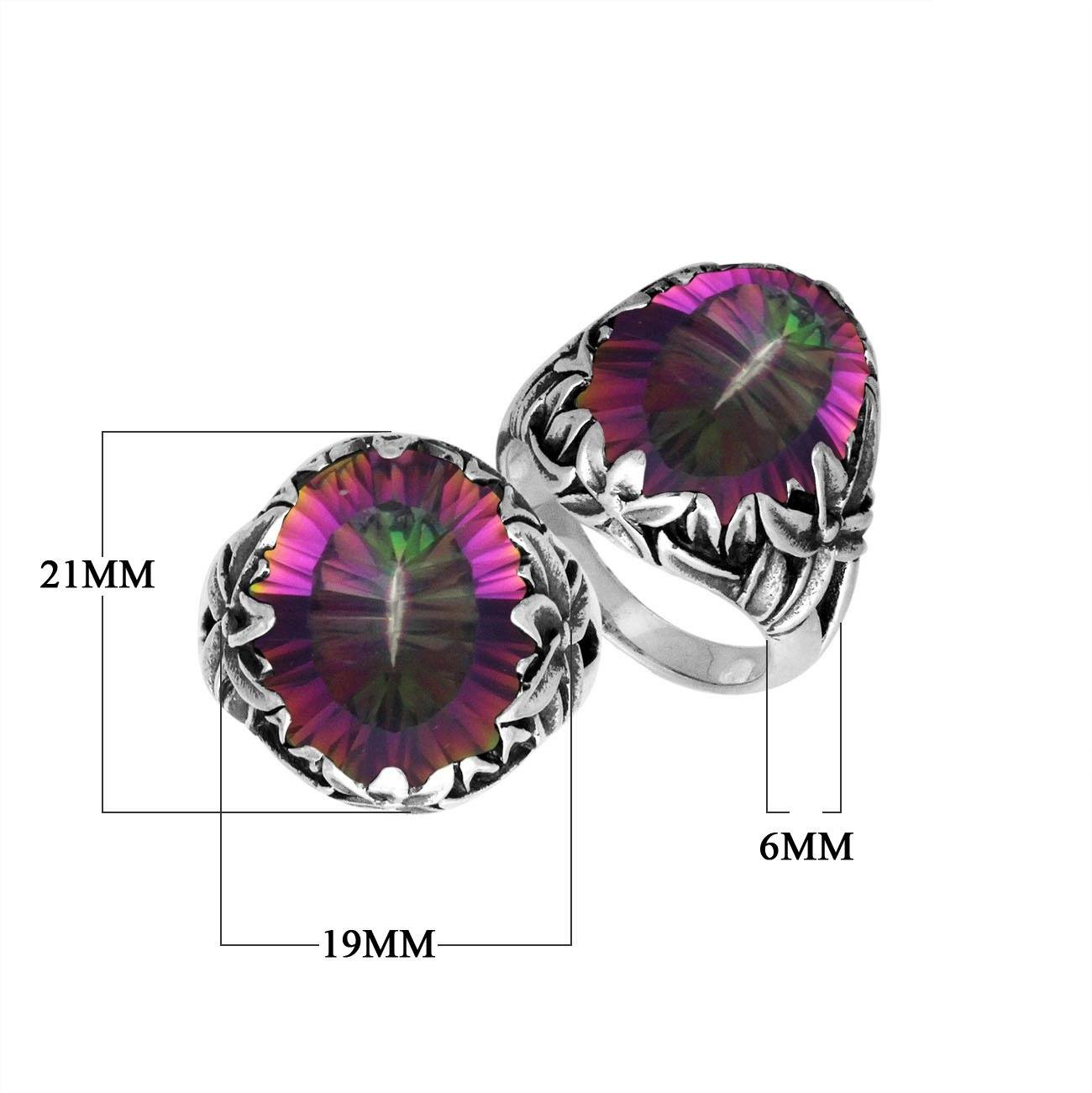 Sterling Silver Round Shape Mystic Quartz Ring With Leaf Pattern Detailing