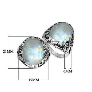 Sterling Silver Oval Shape Rainbow Moonstone Ring With Leaf Pattern Detailing