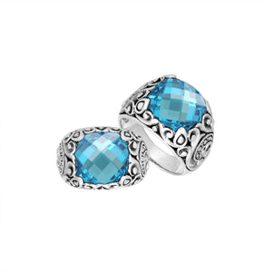 Sterling Silver Balinese Scroll Pattern Ring With Blue Topaz Quartz