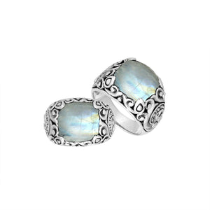 Sterling Silver Balinese Scroll Pattern Ring With Rainbow Moonstone