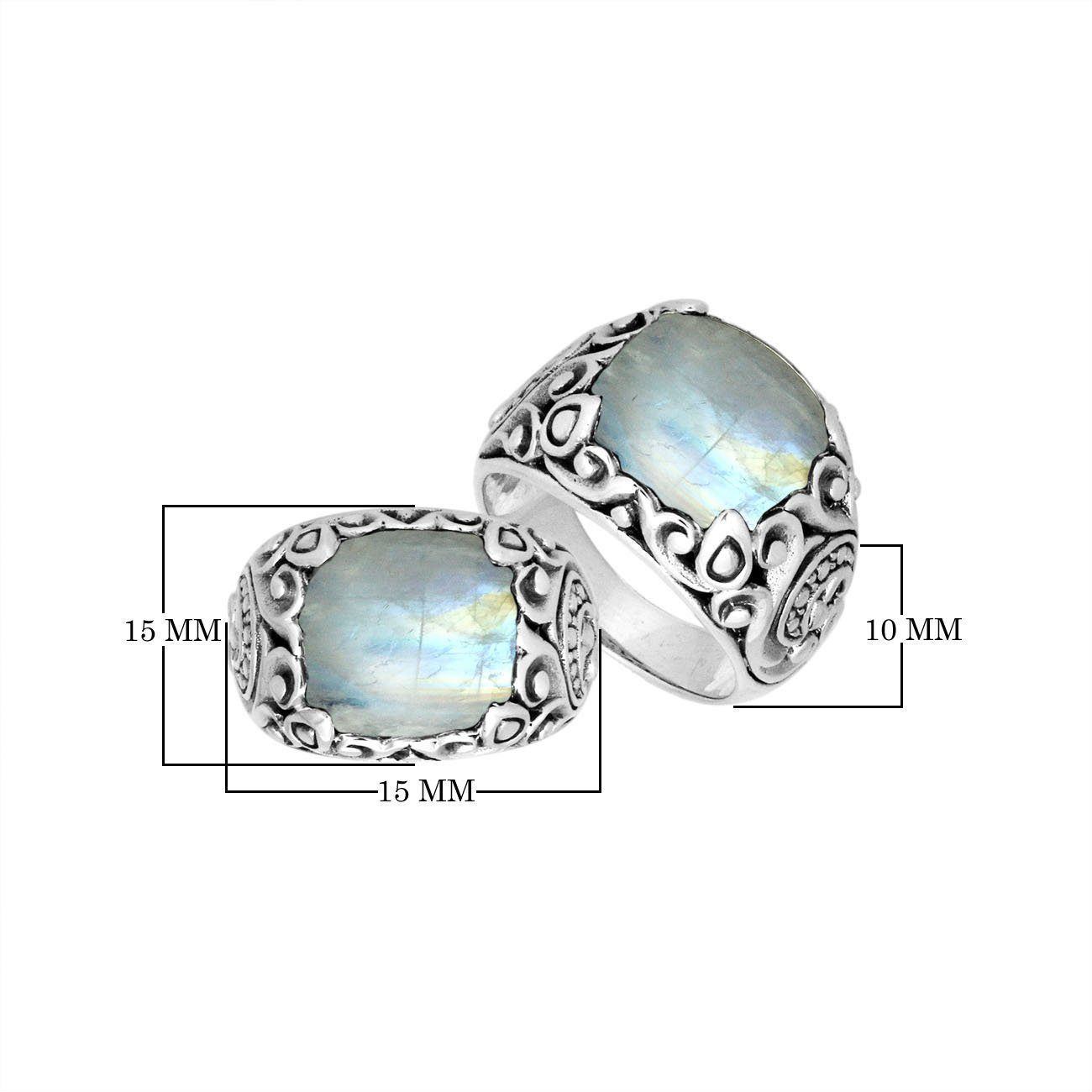 Sterling Silver Balinese Scroll Pattern Ring With Rainbow Moonstone