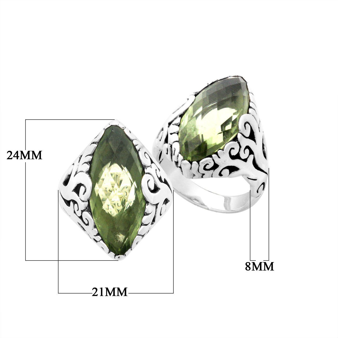 Sterling Silver Green Amethyst Quartz Marquise Balinese Ring Handcrafted In Indonesia
