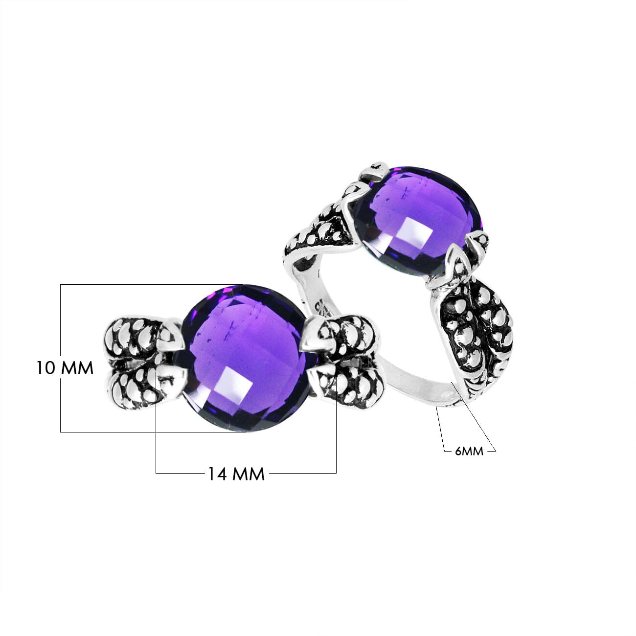 Sterling Silver Amethyst Quartz Round Balinese Engraved Luxury Statement Ring With Polished Finish.