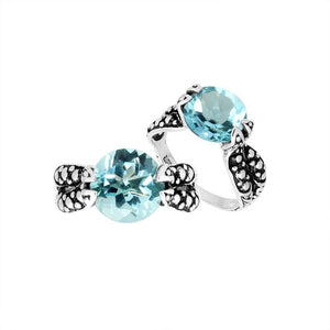 Sterling Silver Blue Topaz Quartz Round Balinese Engraved Luxury Statement Ring With Polished Finish.