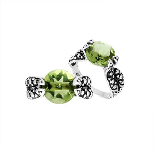 Sterling Silver Green Amethyst Quartz Round Balinese Engraved Luxury Statement Ring With Polished Finish.