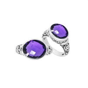 Sterling Silver Amethyst Quartz Oval Balinese Scrollwork Luxury Statement Ring With Polished Finish.