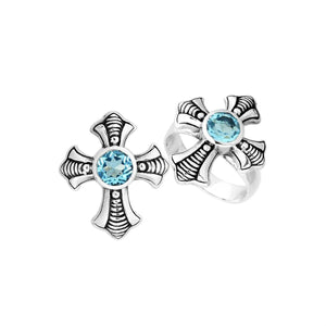 Sterling Silver Blue Topaz Quartz Cross Motif Balinese Engraved Luxury Statement Ring With Polished Finish.