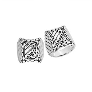 Sterling Silver handcrafted rectangular tribal design ring wholesale from Bali, Indonesia with swirl and line engravings