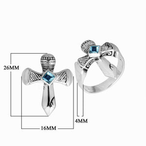 Sterling Silver handcrafted ring with Blue Topaz Quartz wholesale from Bali, Indonesia, in a cross design