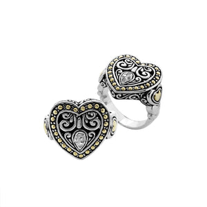Sterling Silver And 18K Gold Heart Ring With Diamond Pavé And Balinese Carving